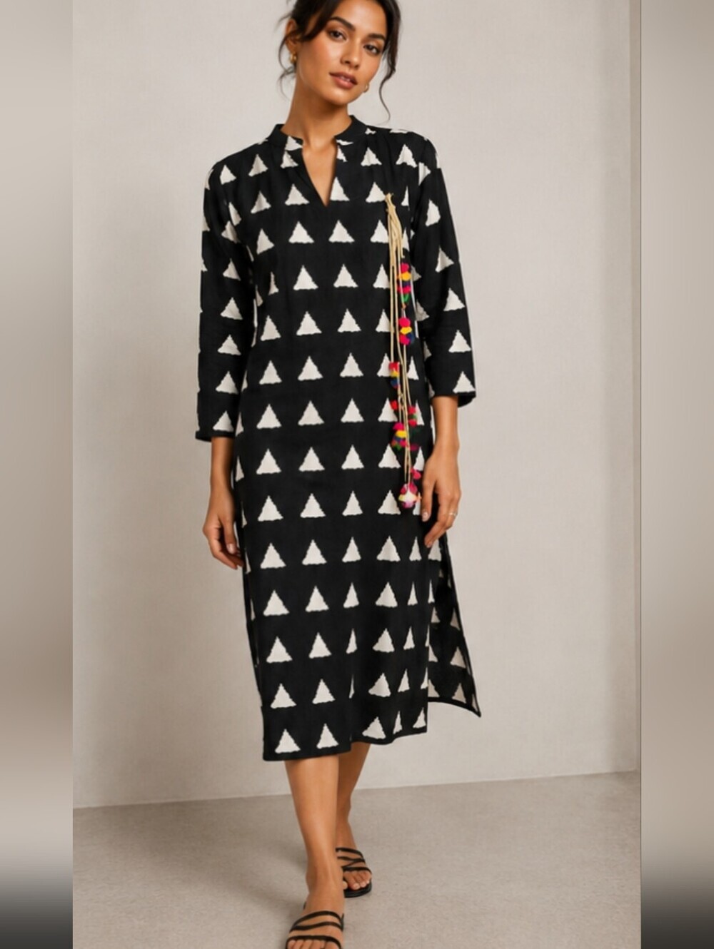 NAYO Printed Side Cutout Kurta Maxi Dress With Pom Pom Detail Size Medium